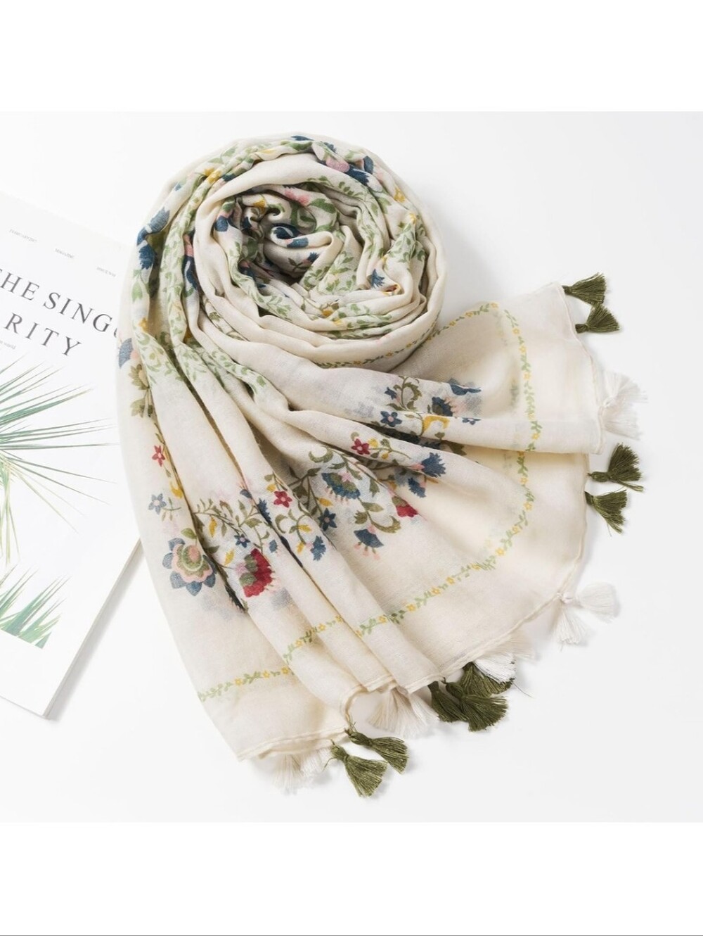 Floral Tassel Lightweight Scarf - Cream with Multicolor Print